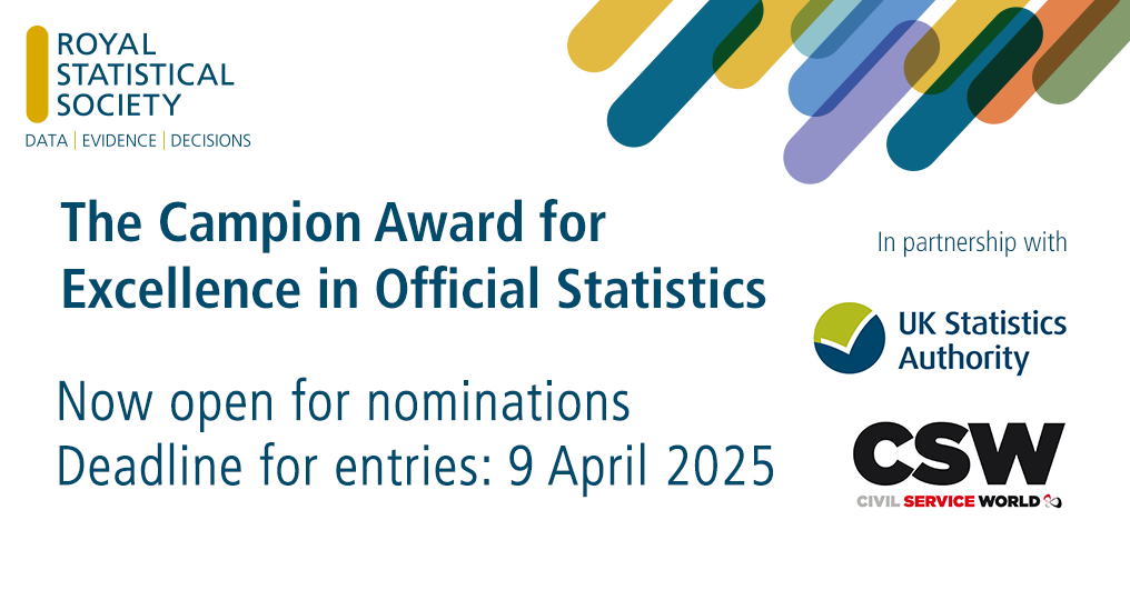 Text on a white background announcing that the Campion Award for Excellence in Official Statistics is now open for nominations. Text under this reads that the deadline for entries is 9 April 2025. Graphic also has the Royal Statistical Society, UK Statistics Authority and Civil Service World logos.